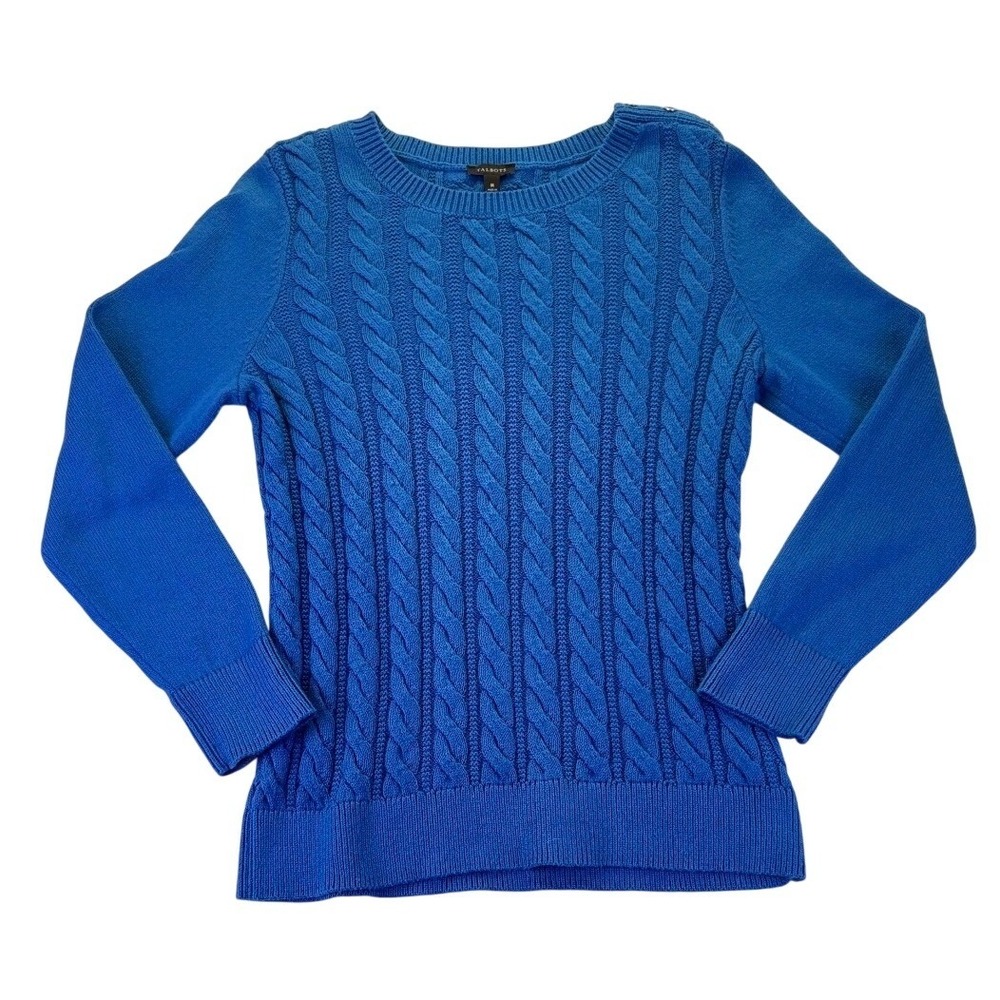Talbots Womens Blue Cable Knit Sweater Crew Neck Button Shoulder M Outdoors Fall